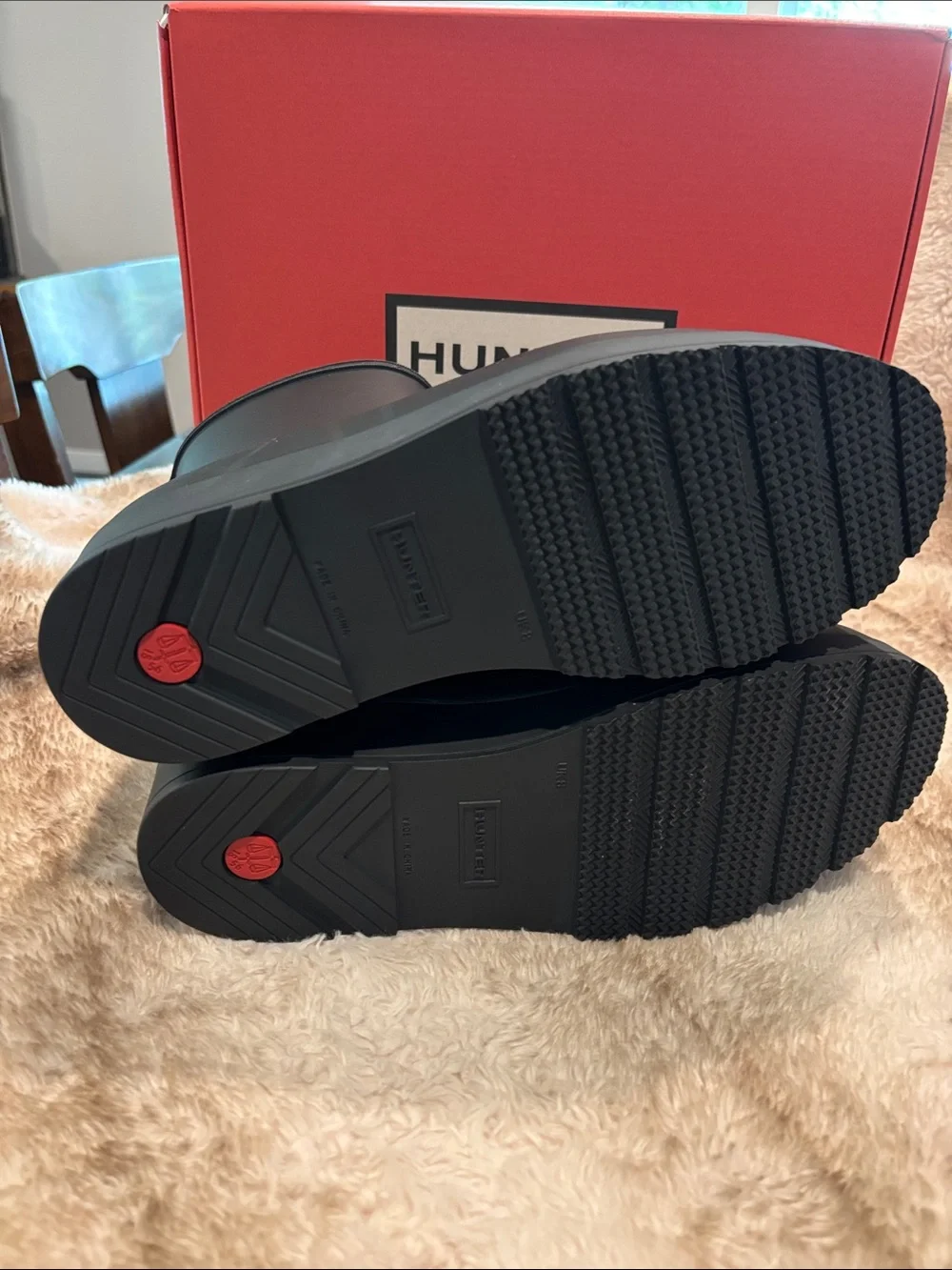 Hunter Black Short Play Matte Rain Boots with Red White Navy Heel Tabs